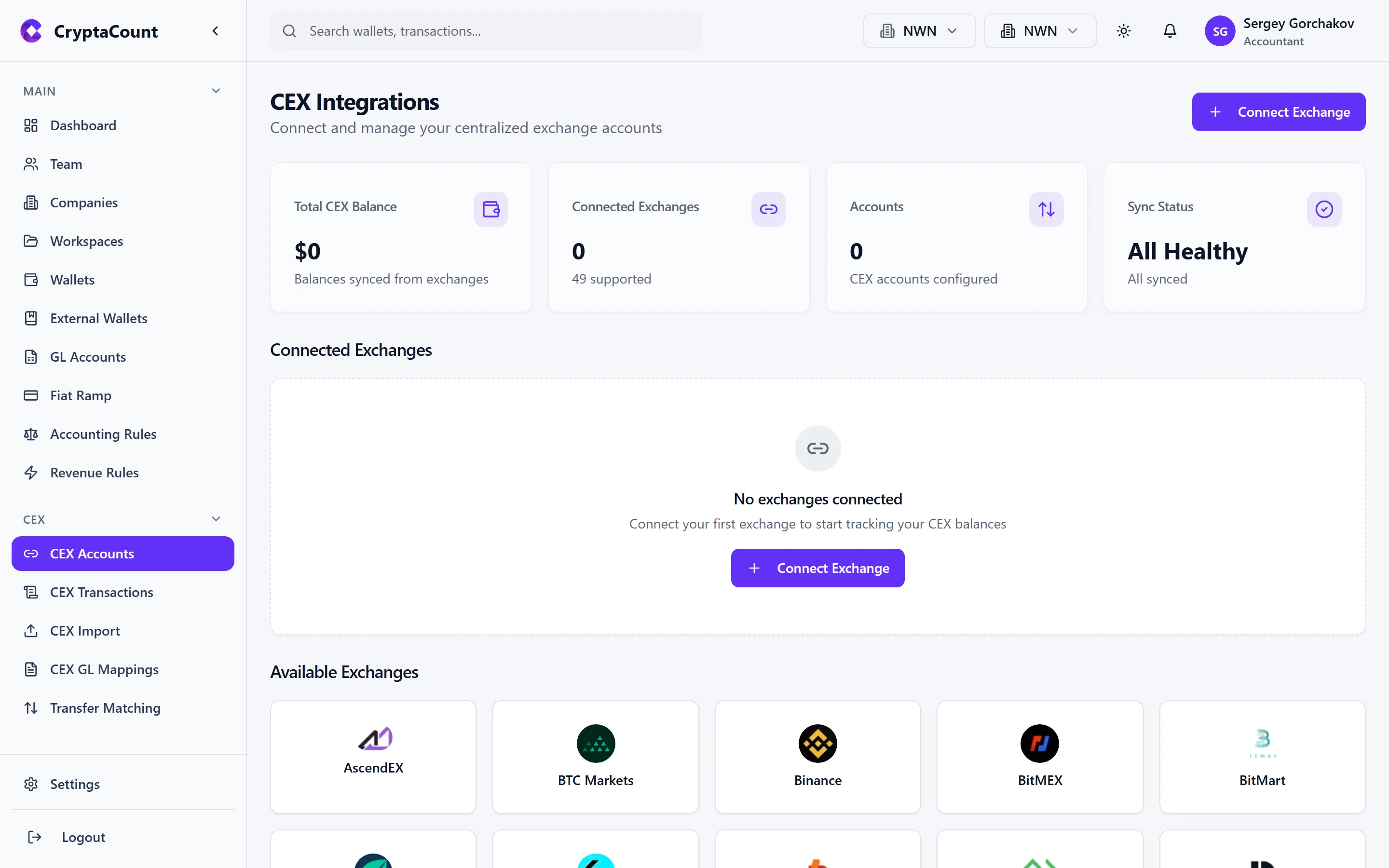 CEX accounts list with connection status