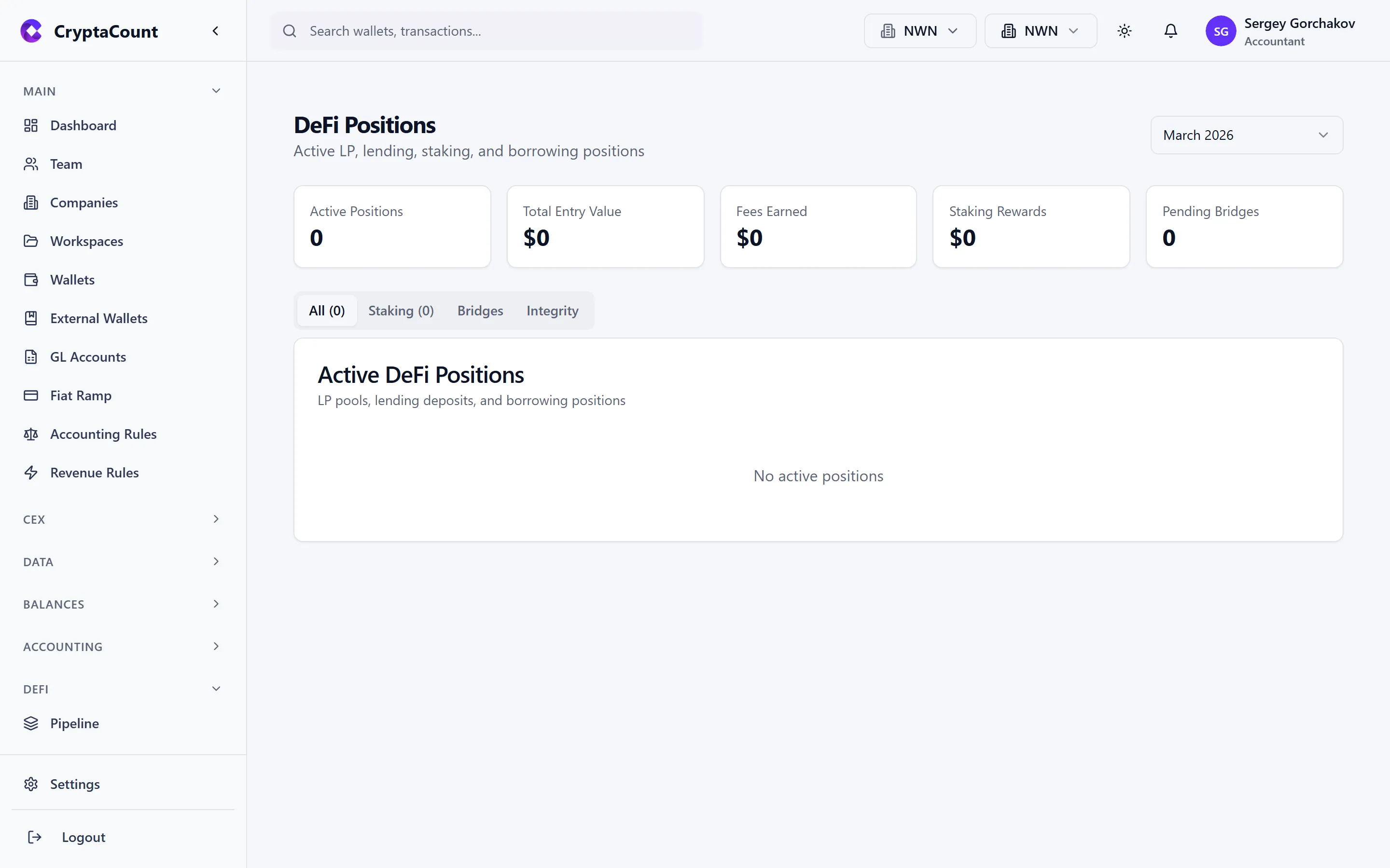DeFi positions dashboard