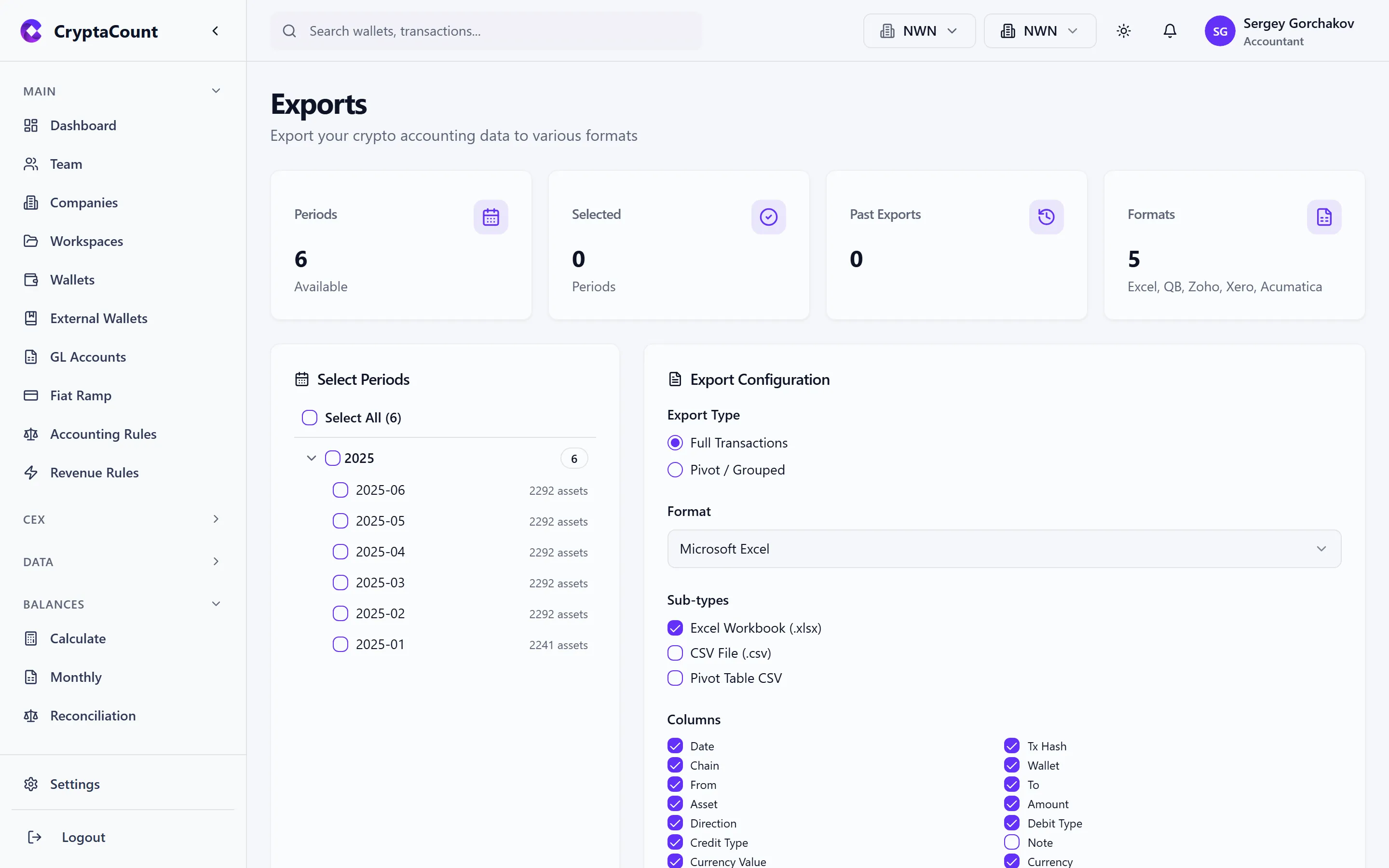 Exports page with generation options and history