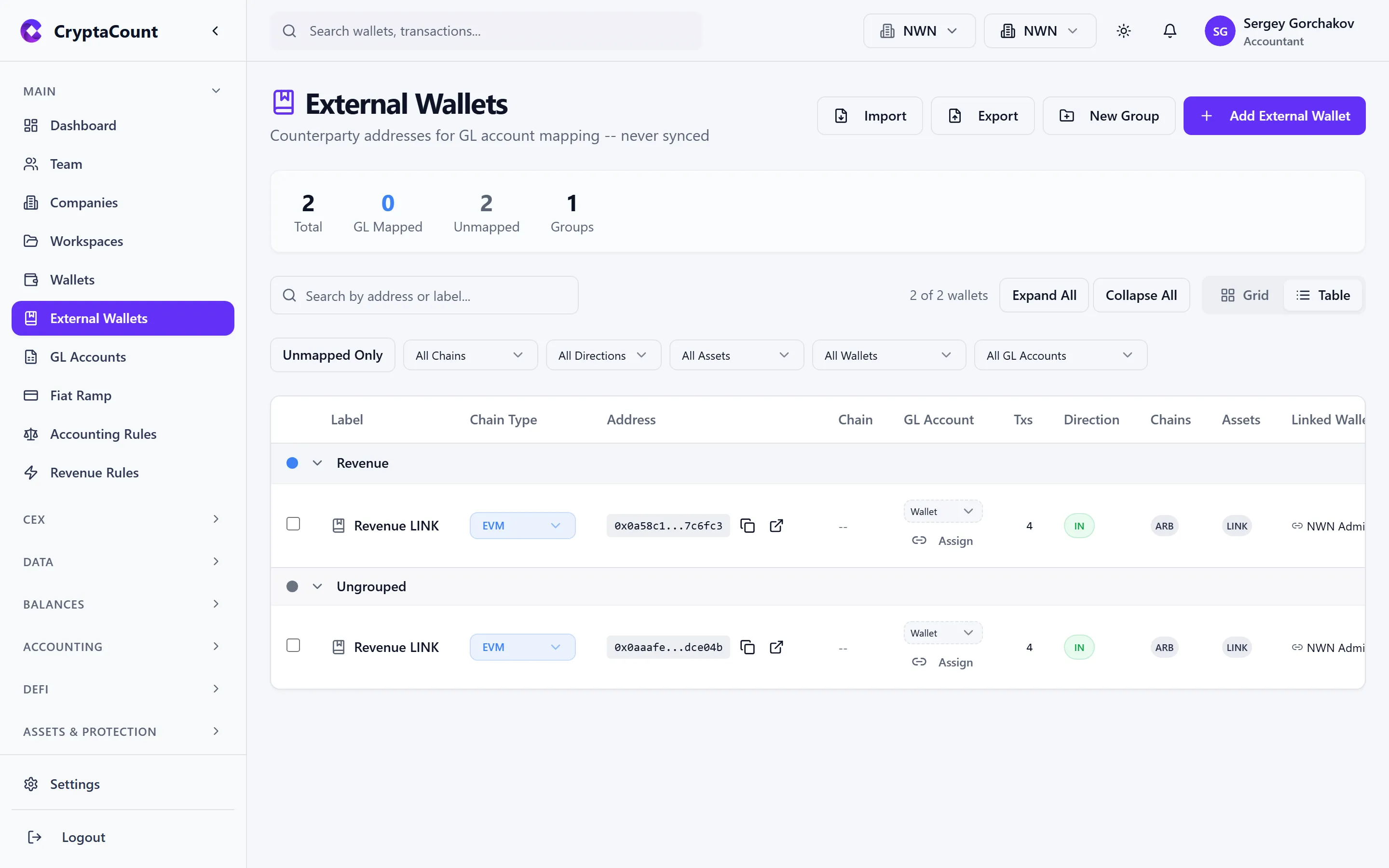 External wallets list