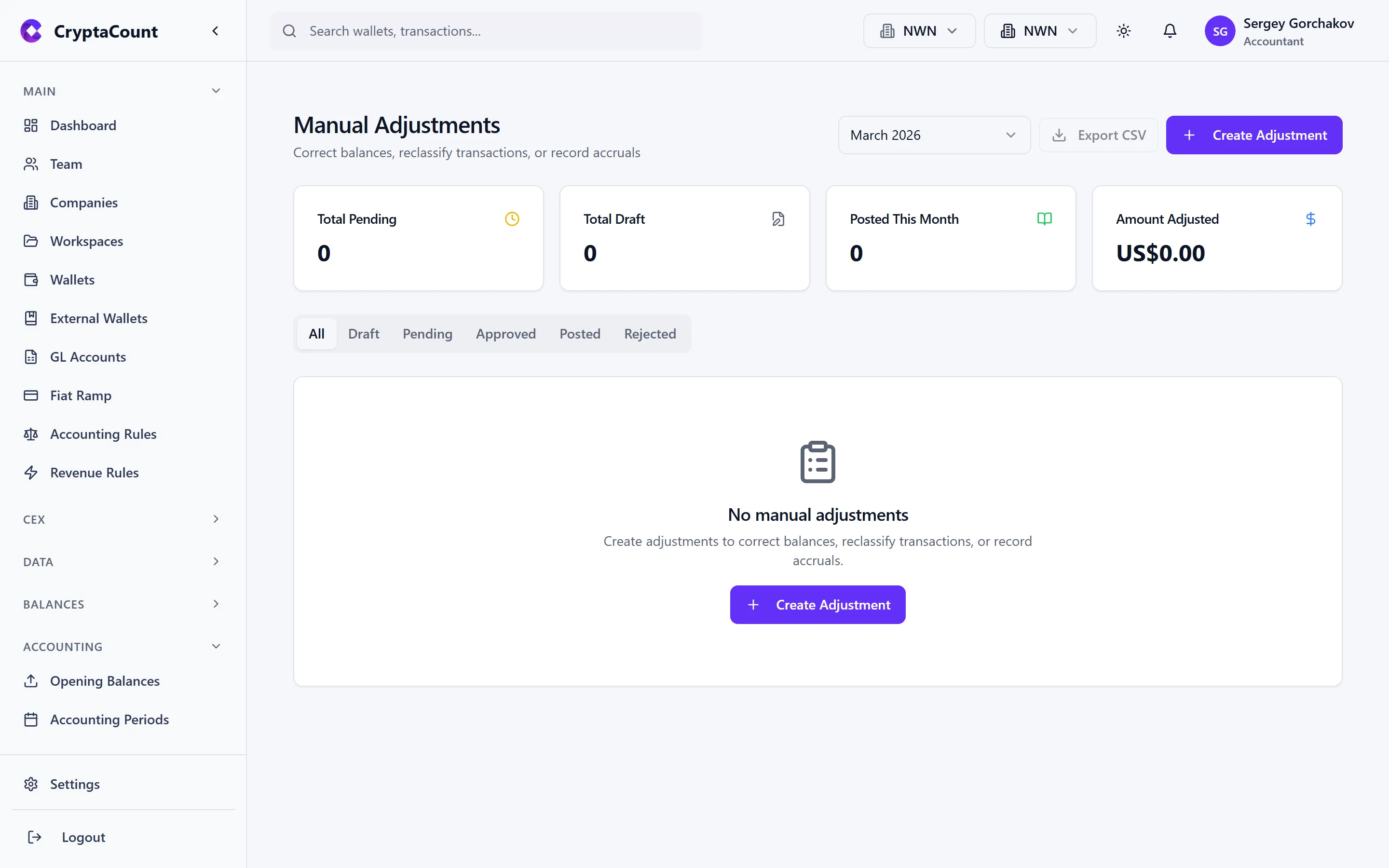 Manual adjustments list with approval status