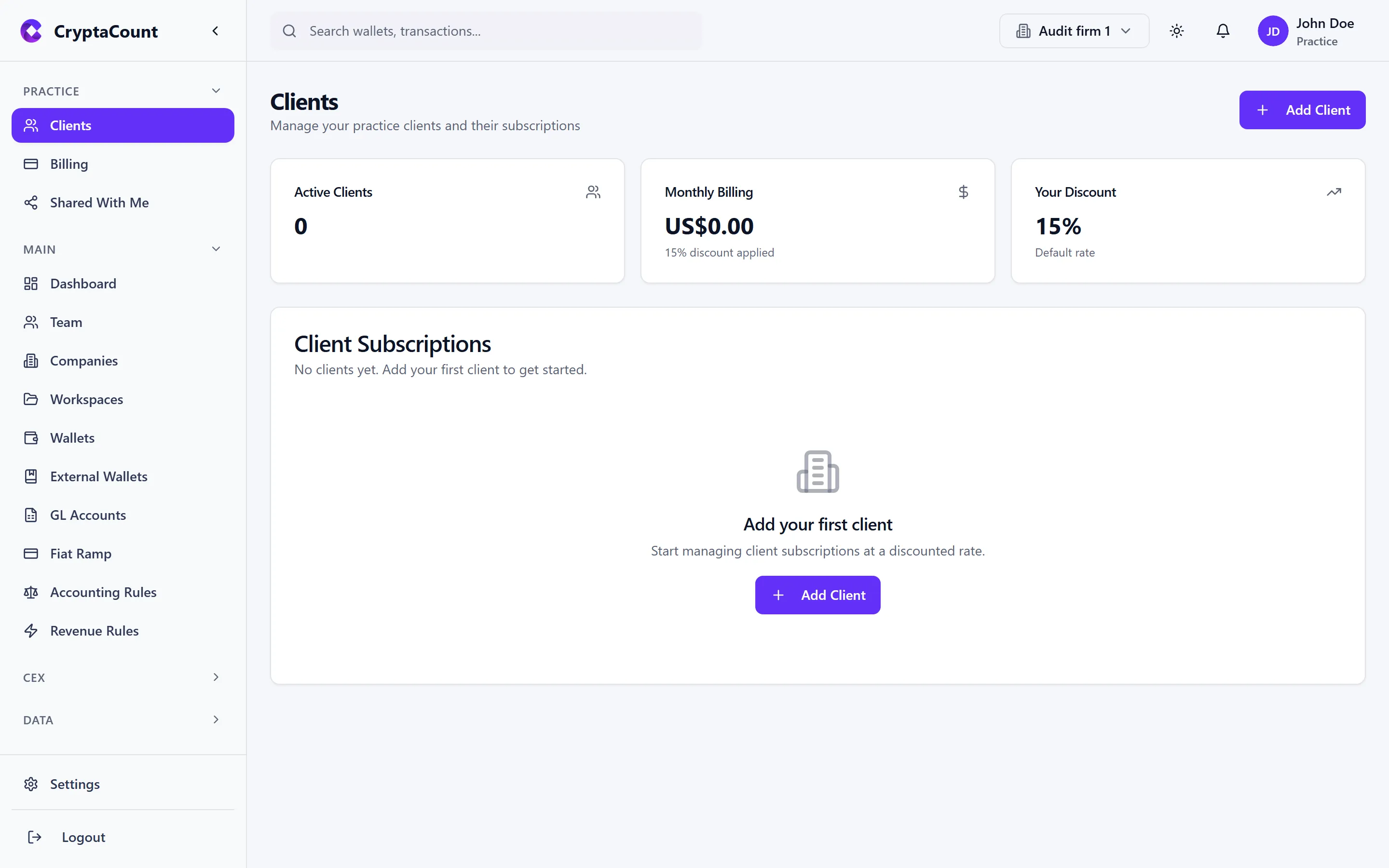 Practice clients dashboard