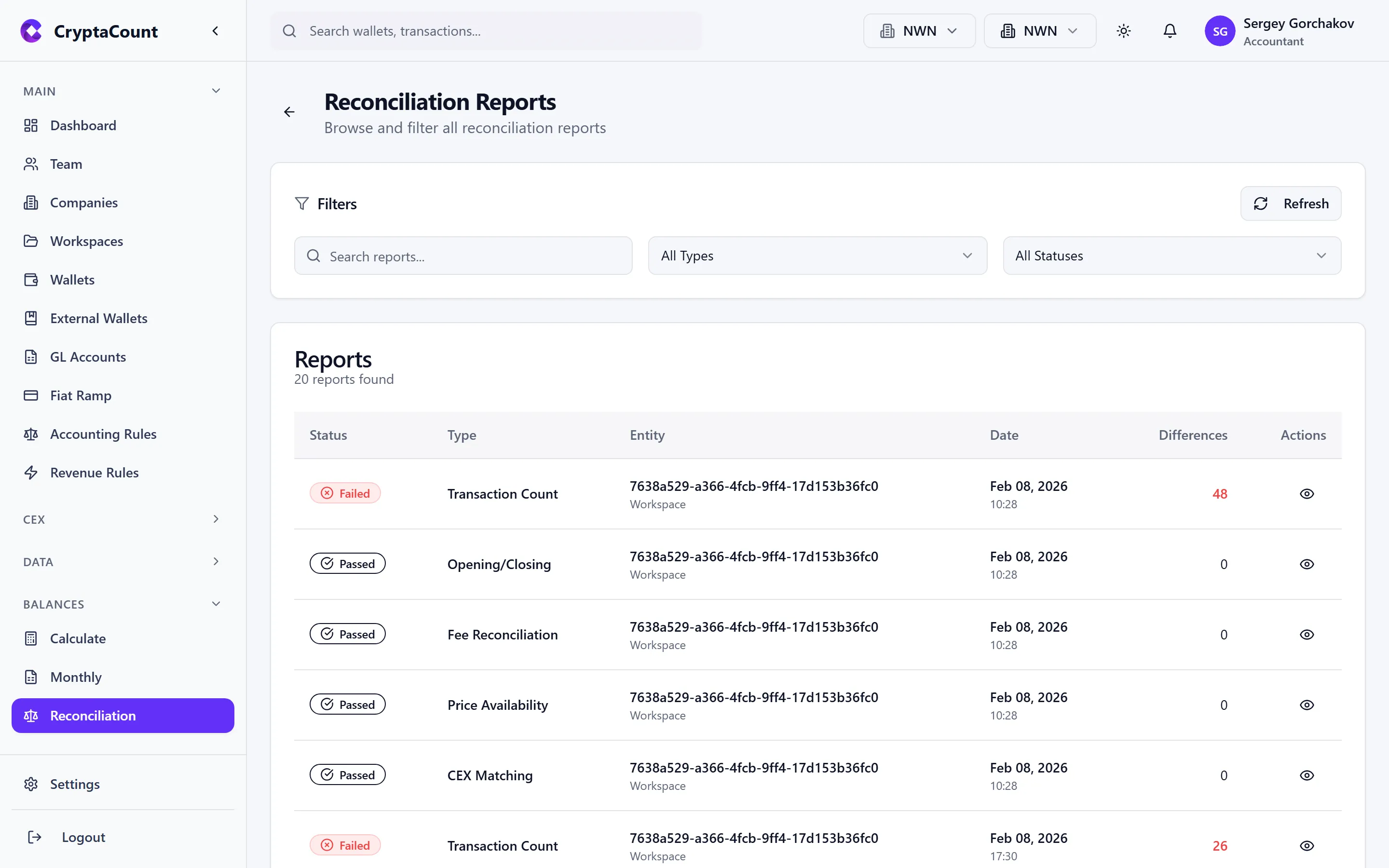 Reconciliation report list