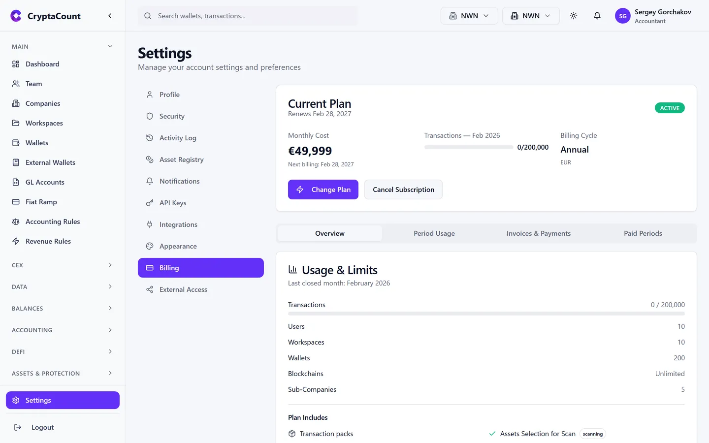 Billing page showing plan and usage