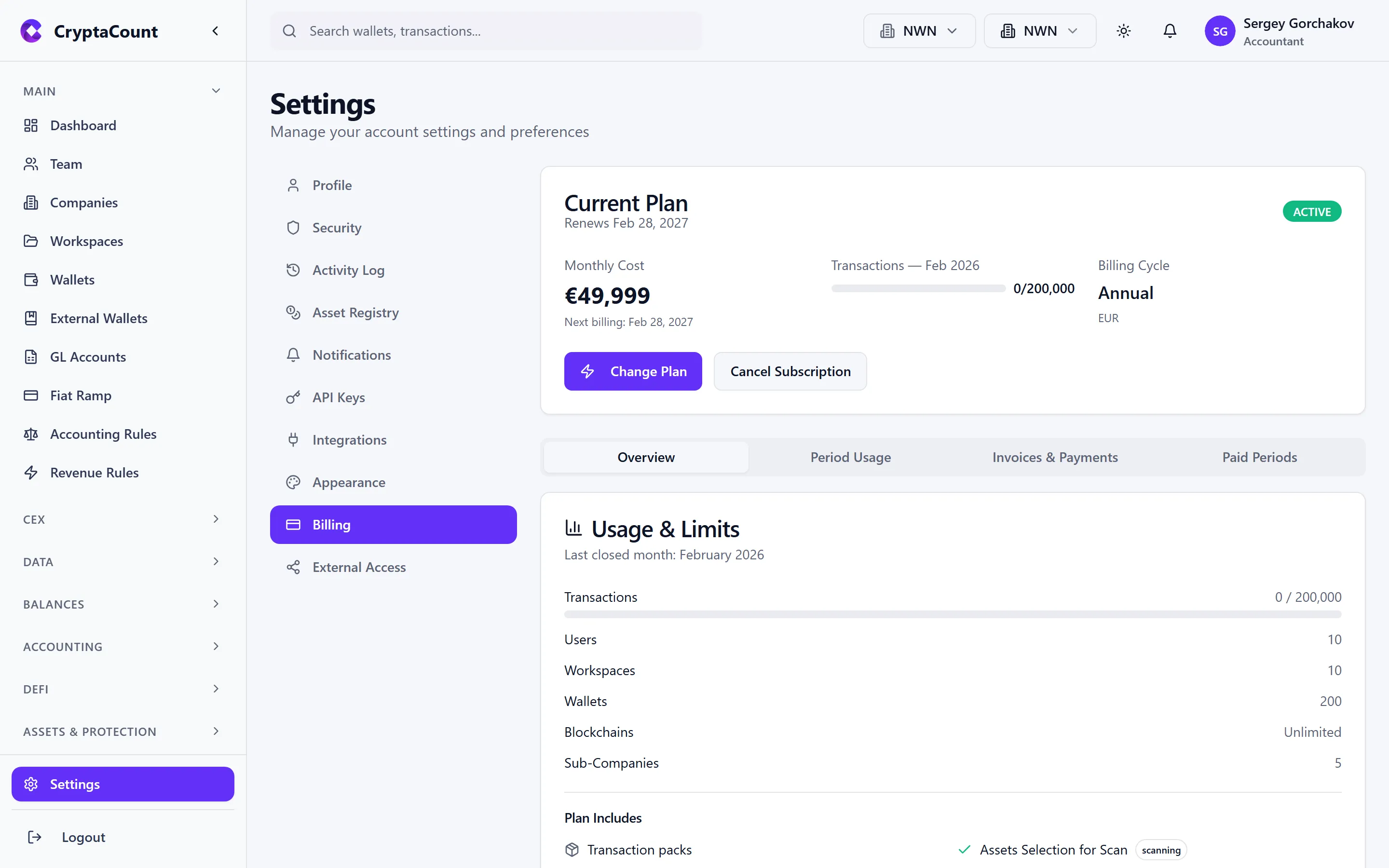 Billing page showing plan and usage