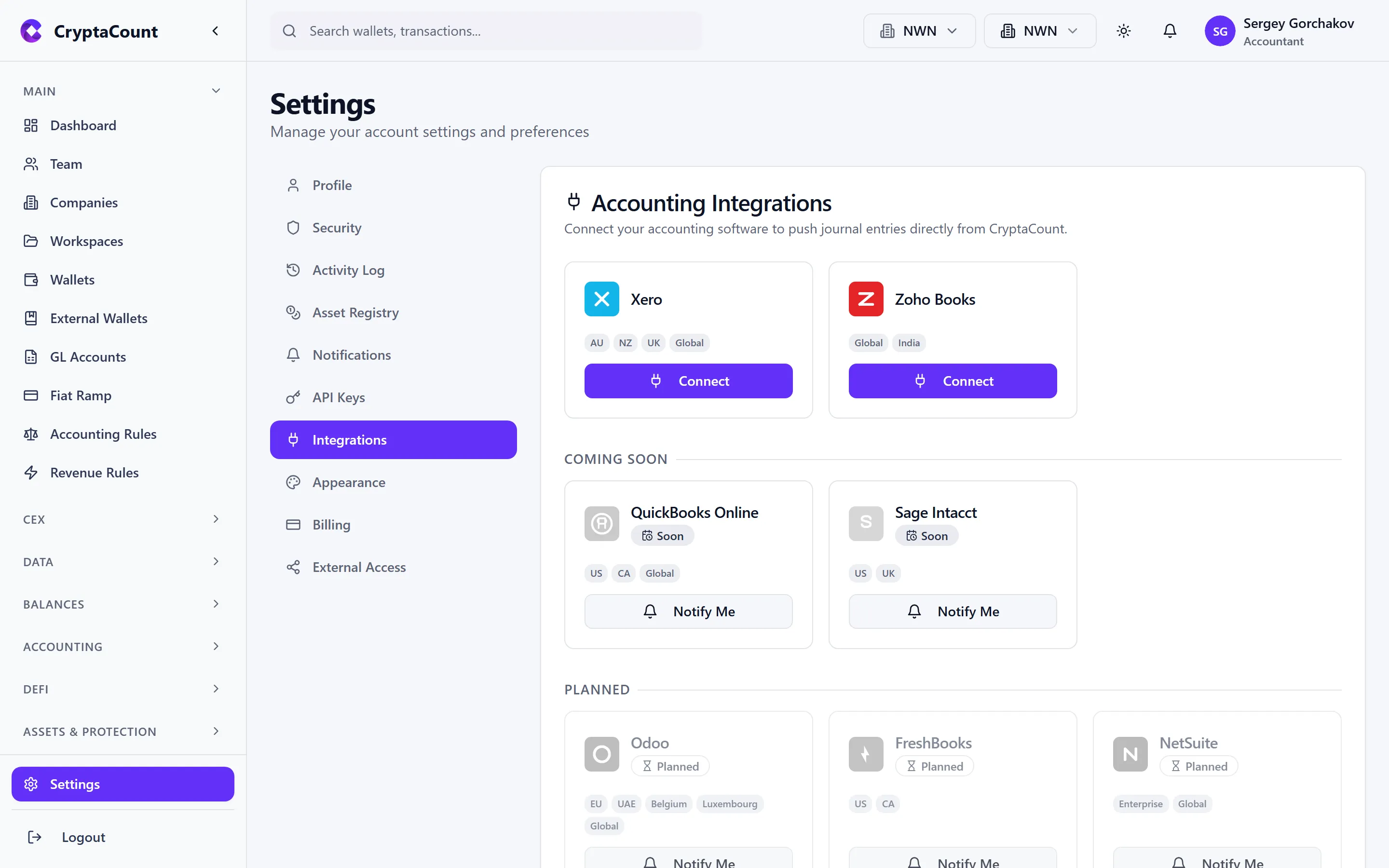 Integrations page with connected platforms