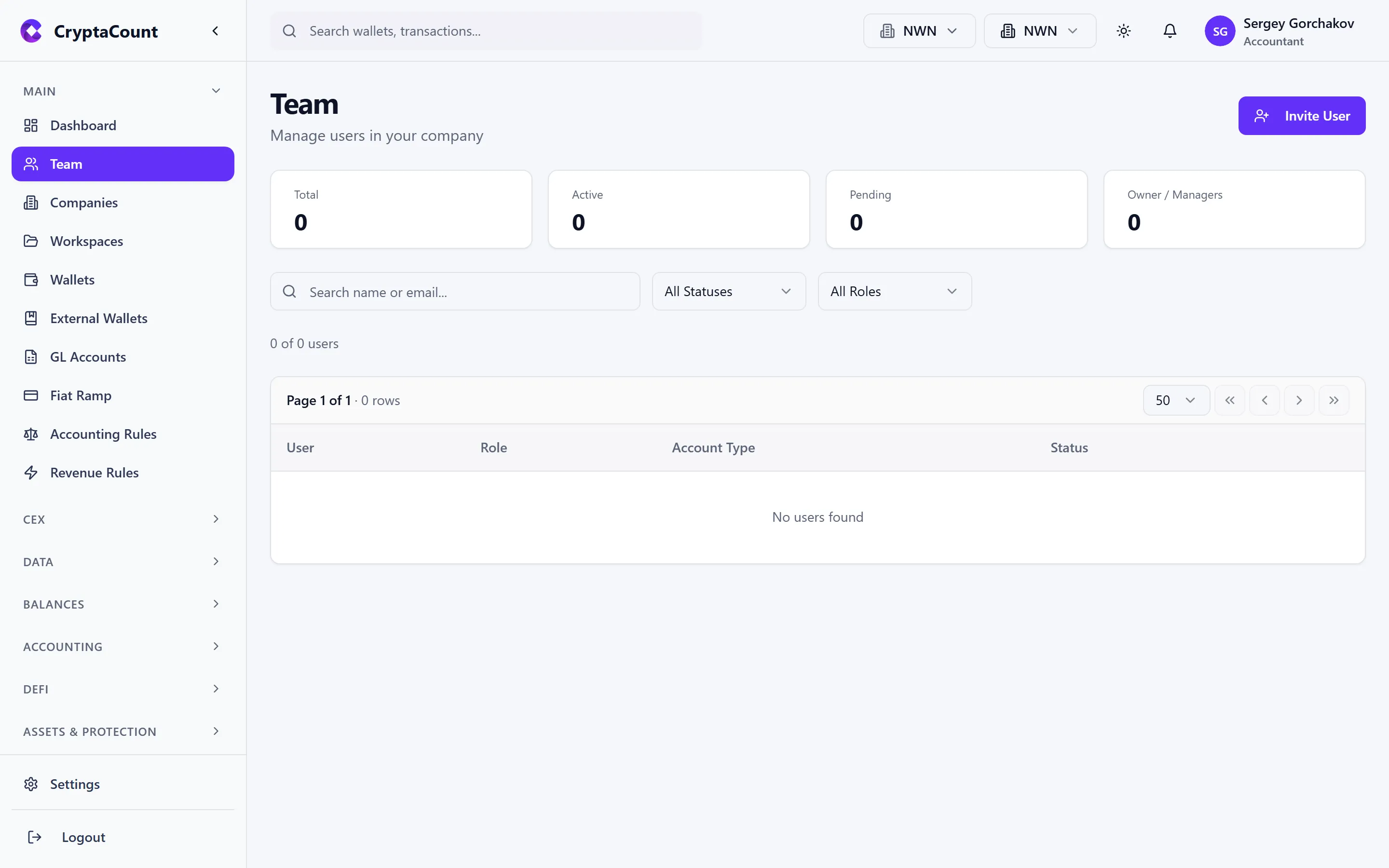 Team management page with member list