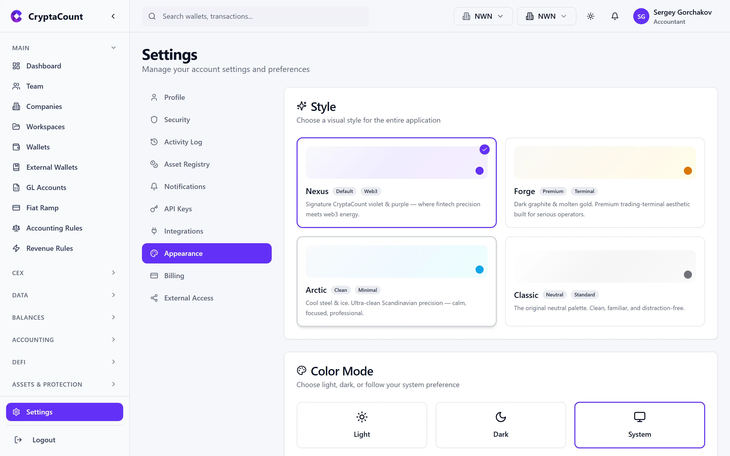 Theme selection — four themes with light/dark toggle