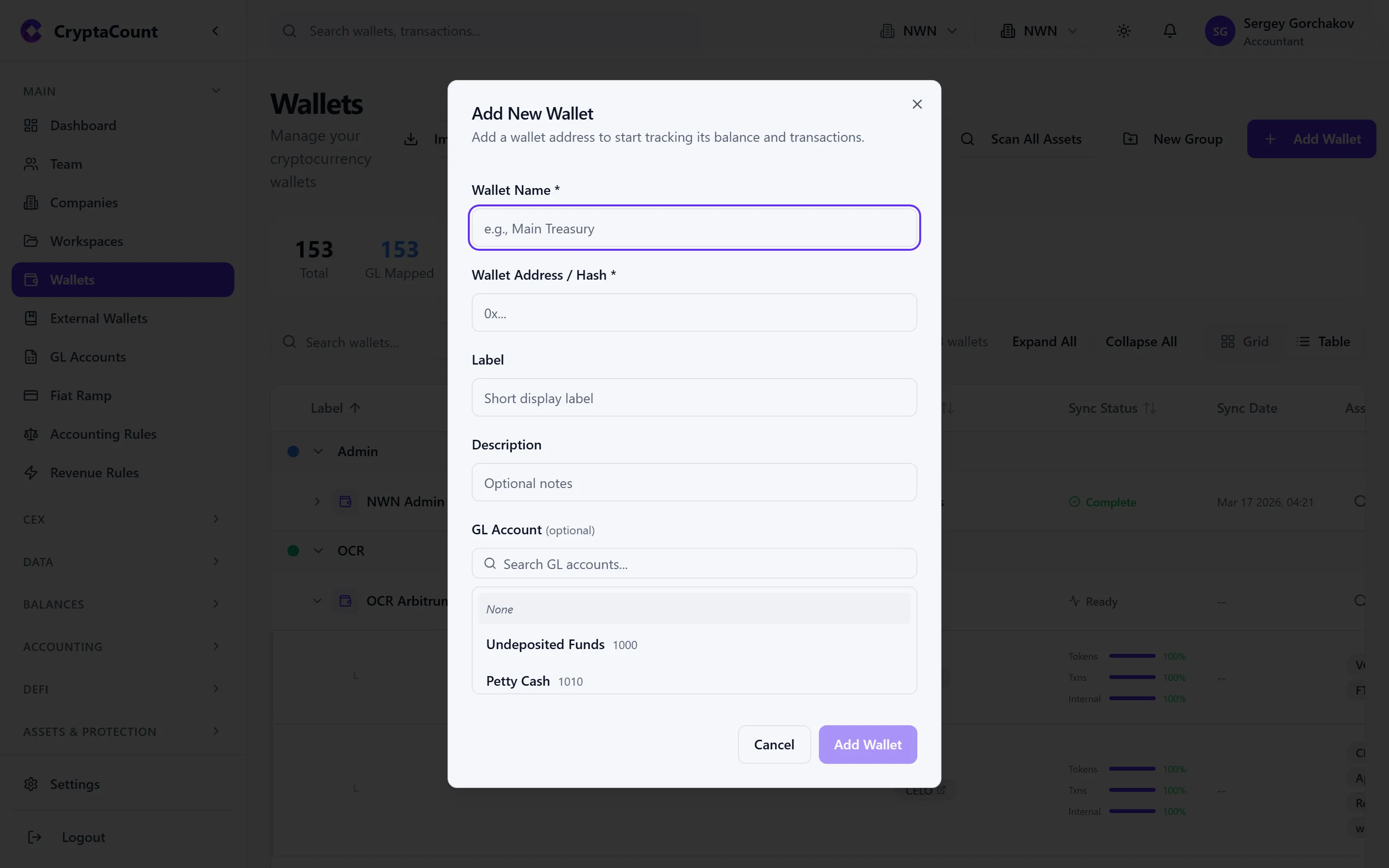 Wallets page with Add Wallet button