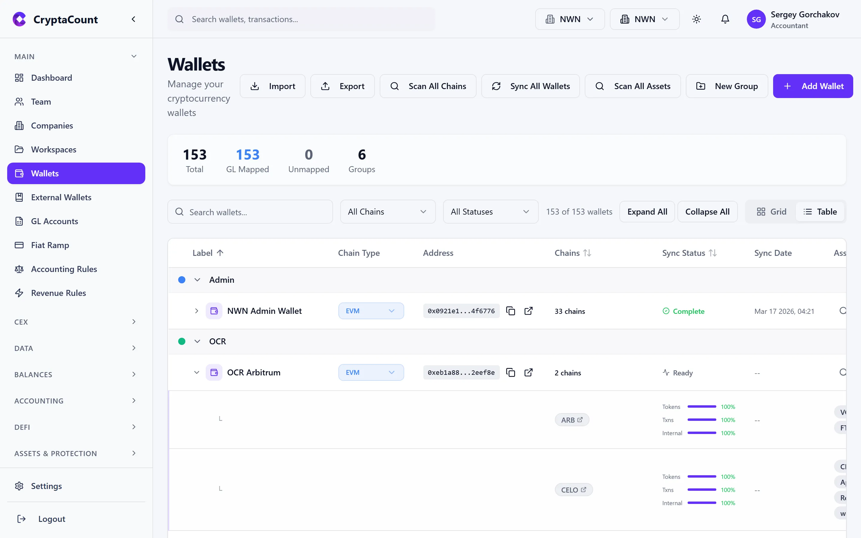 Wallet list with status indicators
